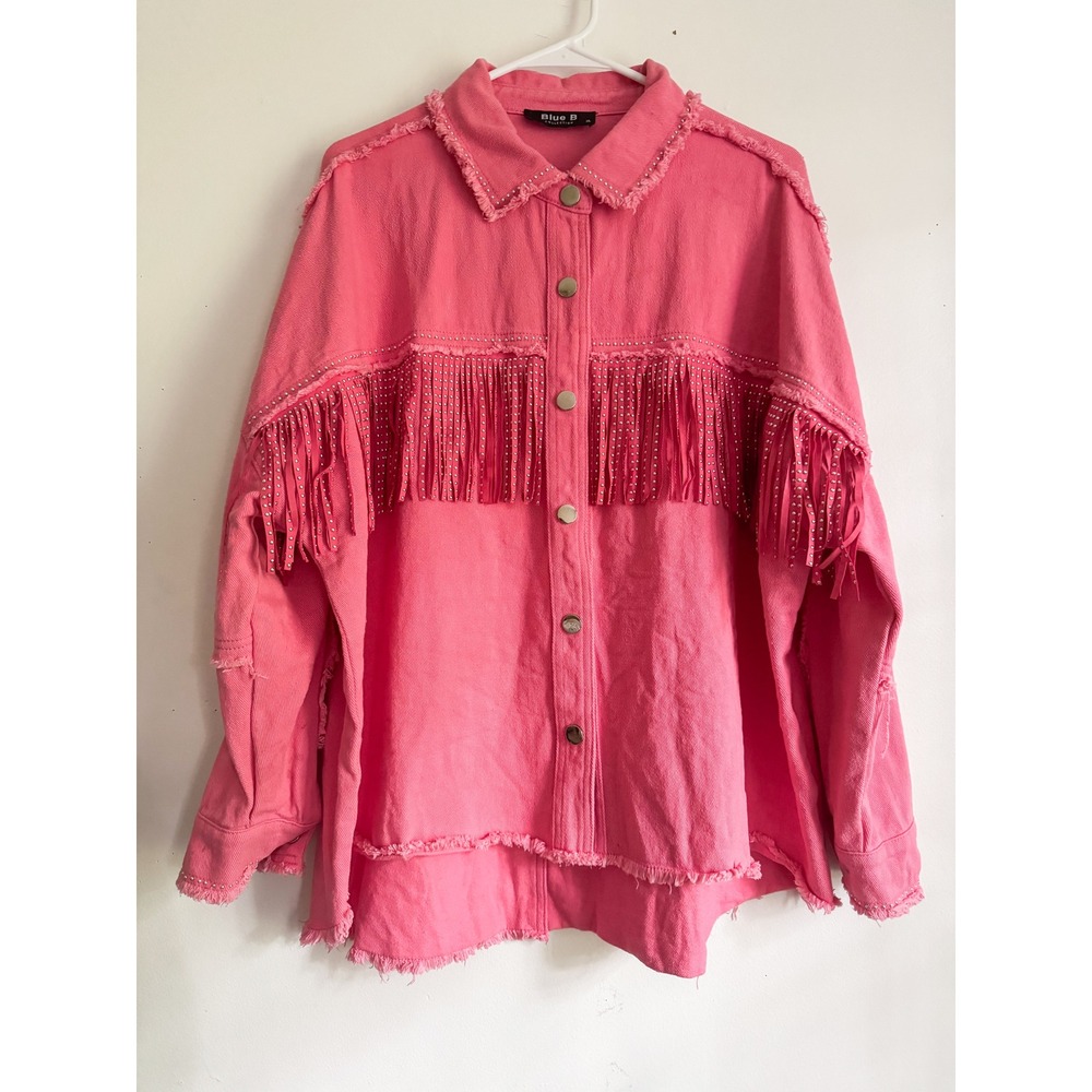 Pink Denim Fringe Rhinestone Western Shacket Jacket XL Cowgirl